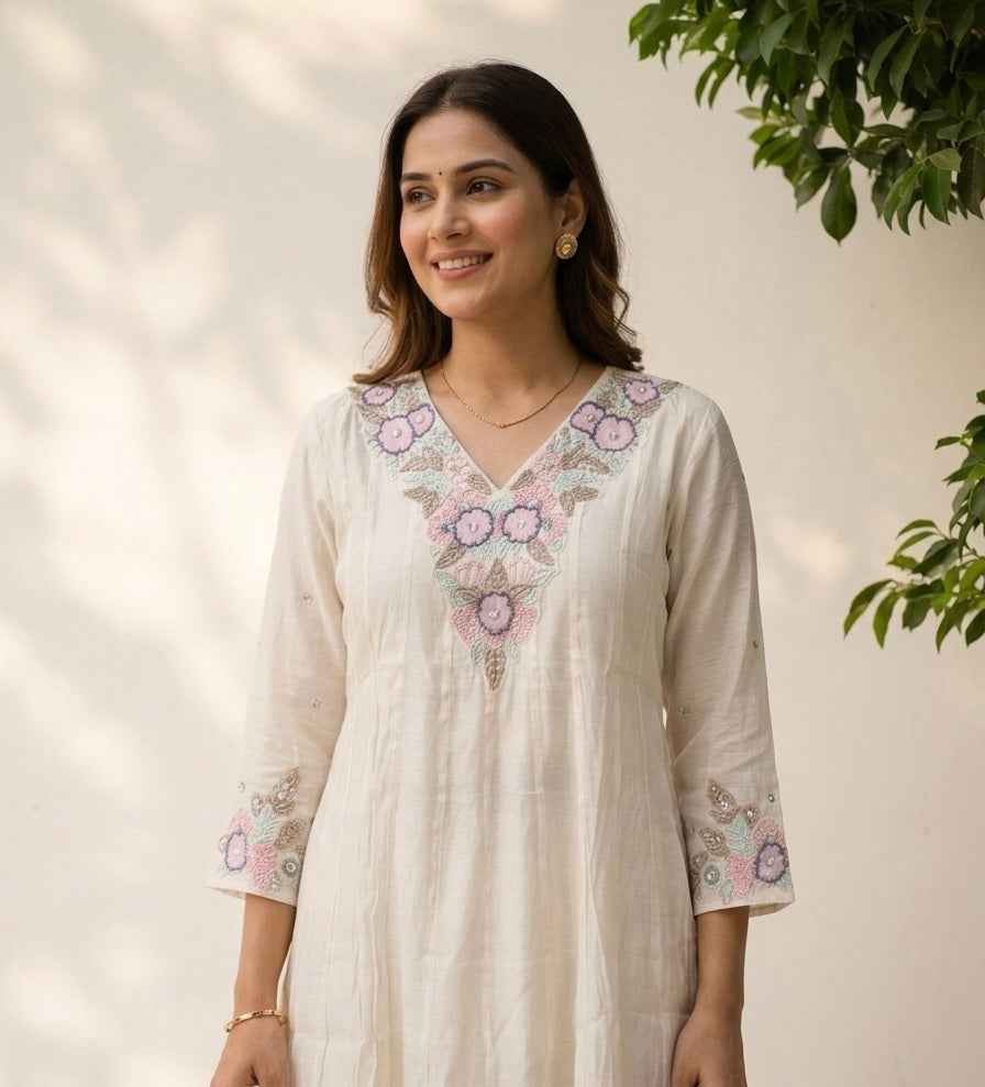 A Line Mul Chanderi Dupatta Set With Handwork MLC24