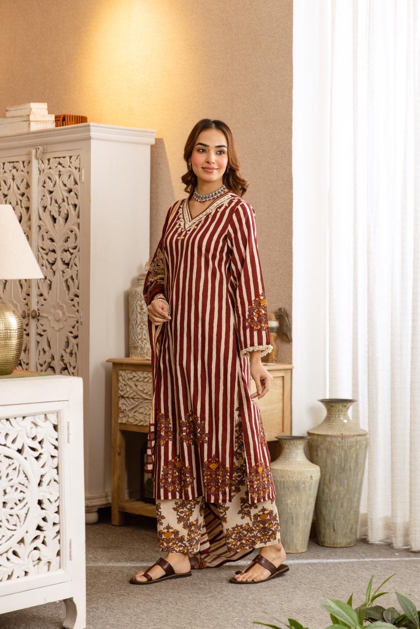 Cotton Stripes Print Dupatta Set CS0382
