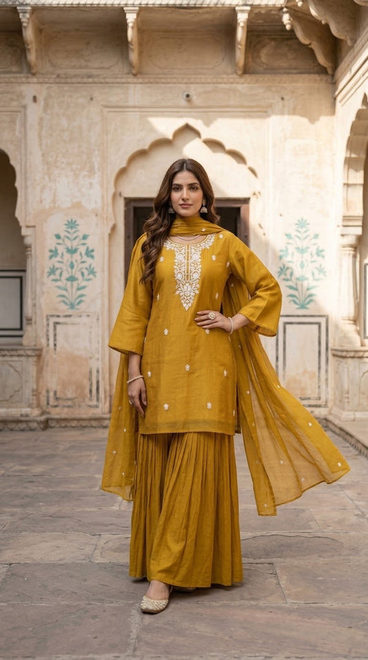 Embroidered Mul Chanderi Crust Kurta And Sharara Set With Llining MLC31