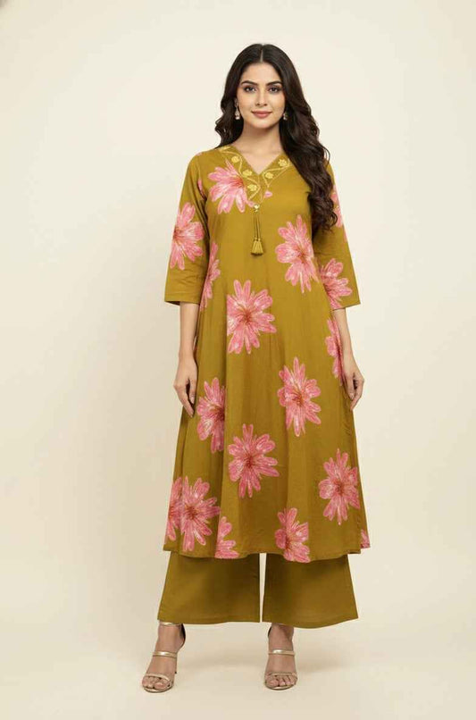 Pure Cotton A Line Three Piece Dupatta Set With Palazzo