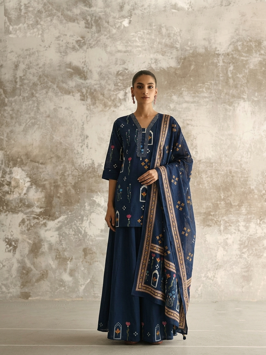 Short Lentth Dupatta Set With Divider In Cotton Fabric