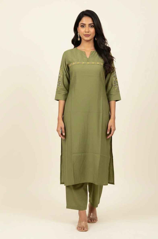 Muslin Solid Base Embroidered Pant Set MS001