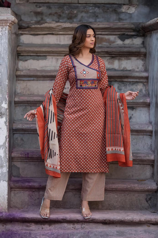 Pure Cotton Angrakha Style Three Piece Dupatta Set CS0357