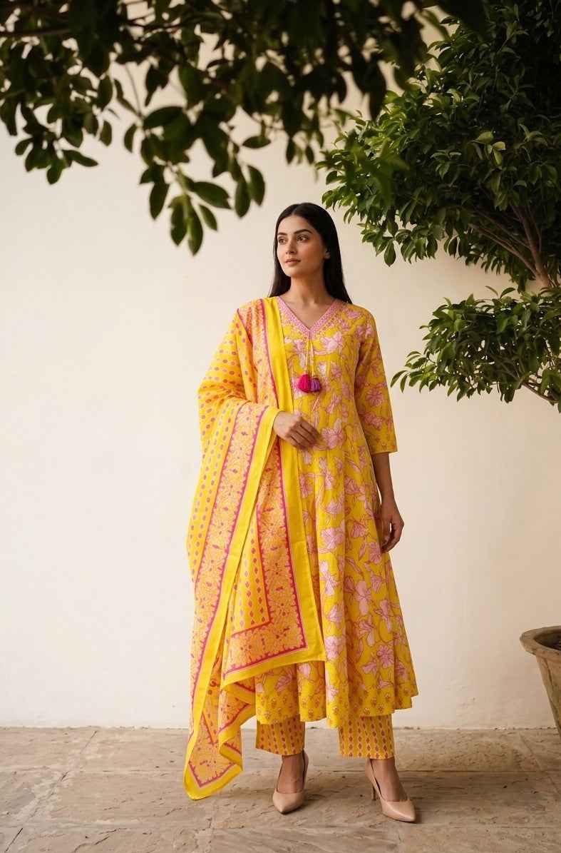 Premium Cotton A Line Anarkali Dupatta Set