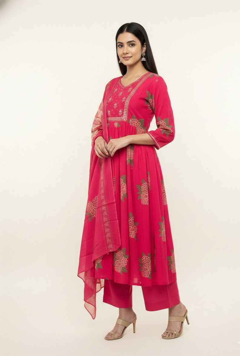 Pure Cotton A Line Three Piece Dupatta Set