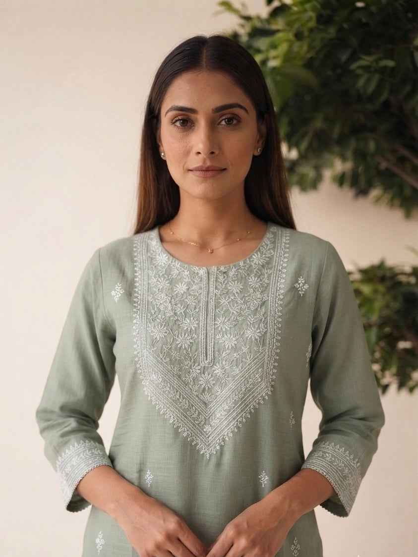 Pure Muslin Single Kurta With Embroidery