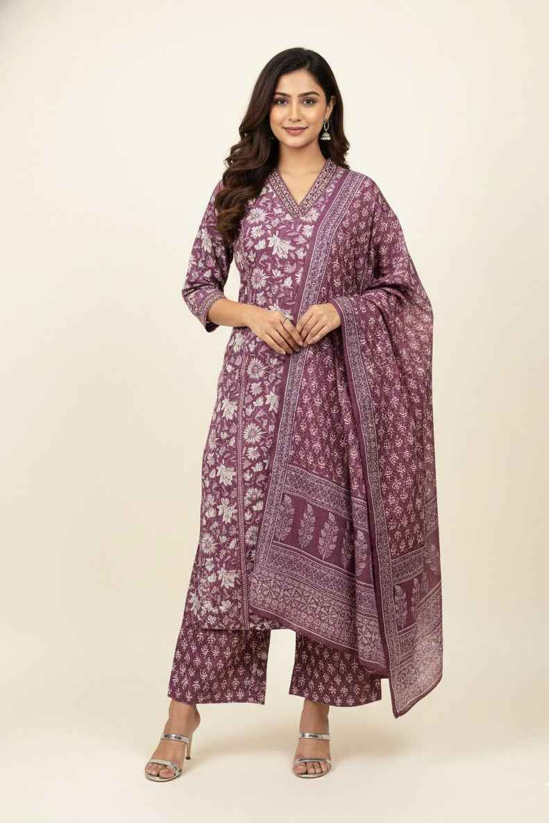 Pure Cotton  Floral Print Three Piece Dupatta Set  CS0203