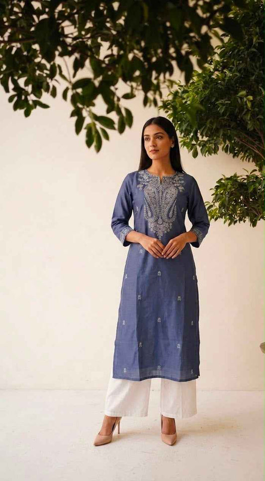 Pure Muslin Single Kurta With Embroidery