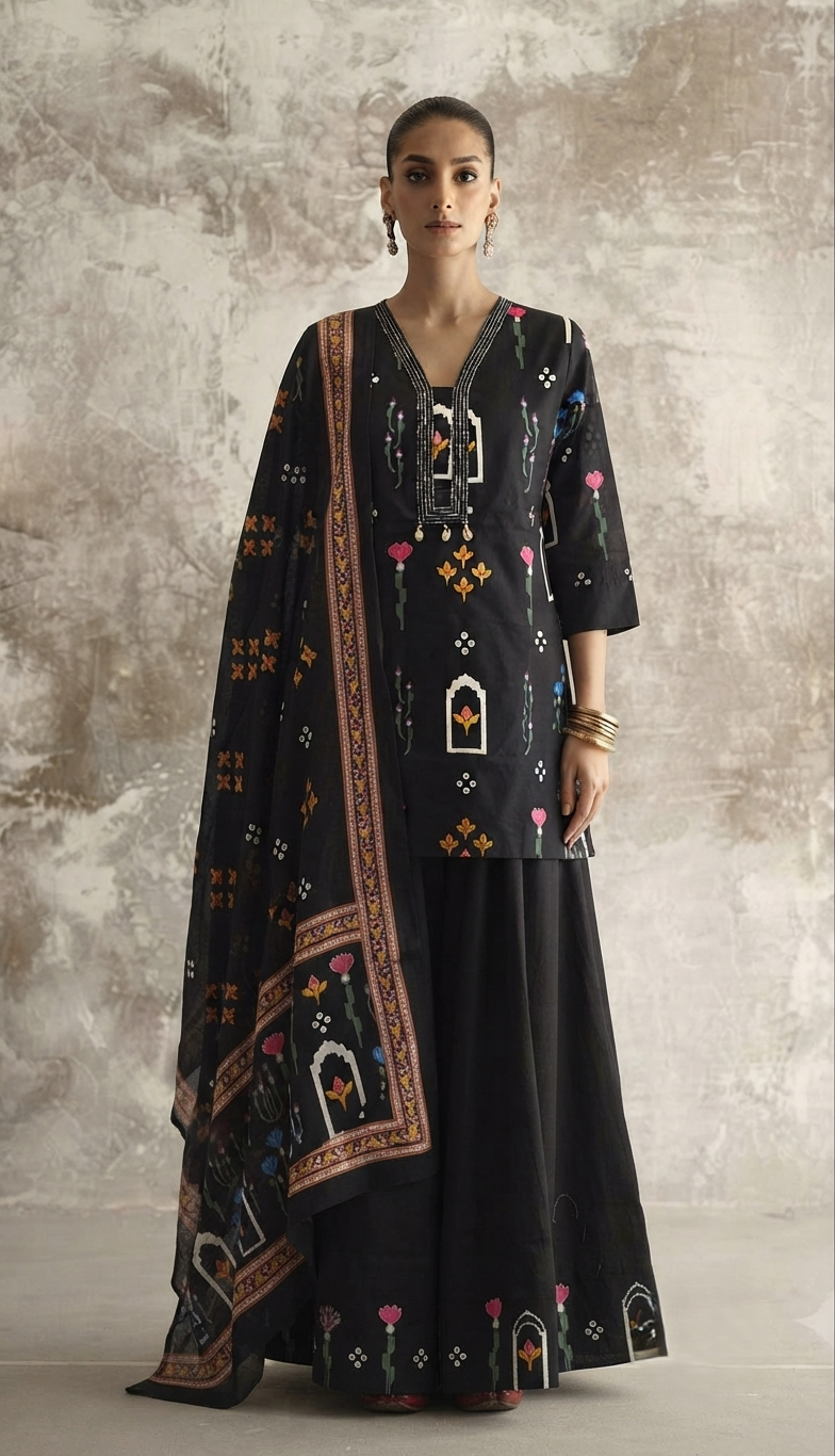 Short Lentth  Dupatta Set With Divider In Cotton Fabric