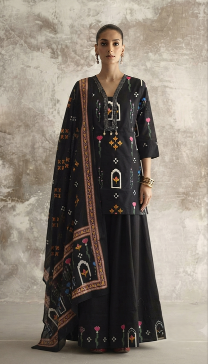 Short Lentth  Dupatta Set With Divider In Cotton Fabric