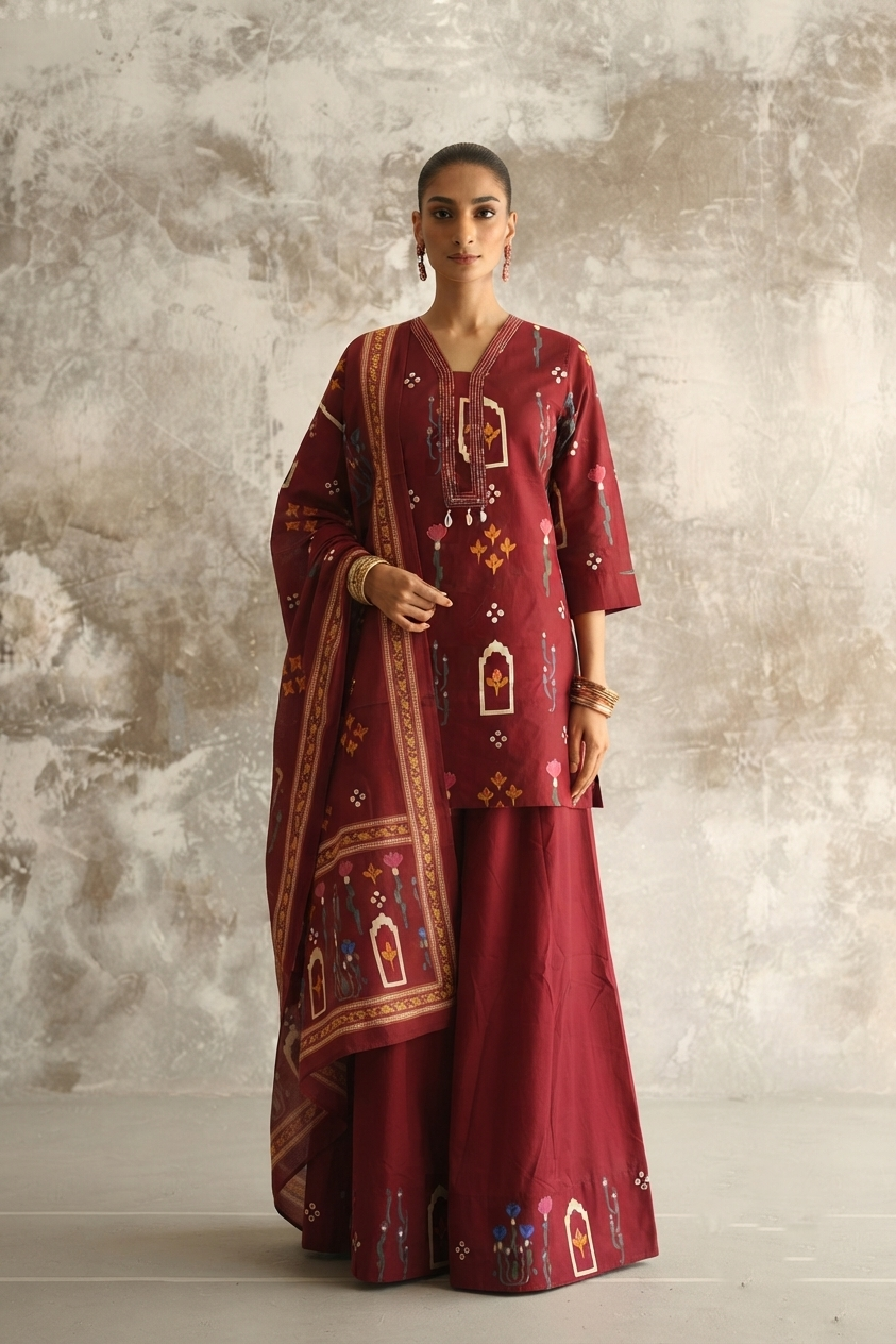 Short Lentth  Dupatta Set With Divider In Cotton Fabric